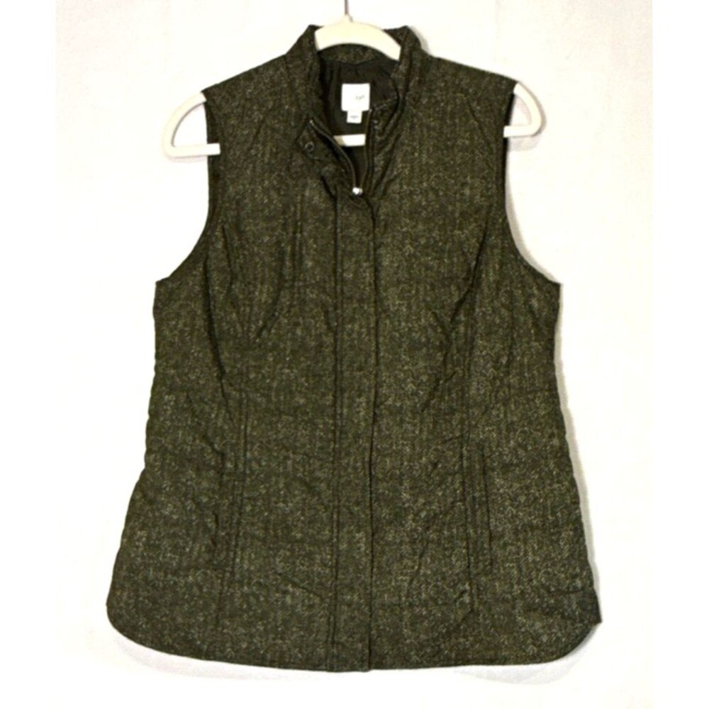 J. Jill Women’s MED Balsam Green Herringbone Chevron Print Puffer Vest Pockets
